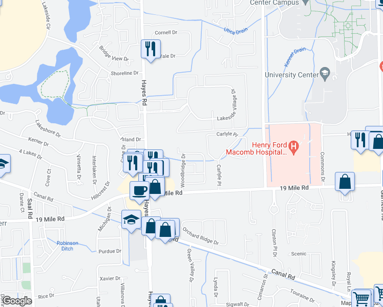 map of restaurants, bars, coffee shops, grocery stores, and more near 15495 Claremont Drive in Clinton Township