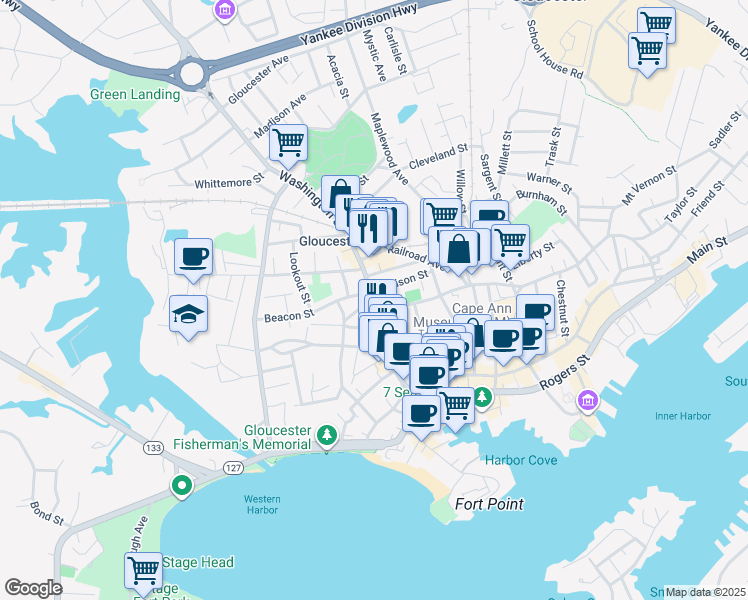 map of restaurants, bars, coffee shops, grocery stores, and more near 7 Addison Street in Gloucester