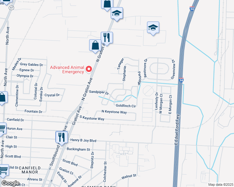 map of restaurants, bars, coffee shops, grocery stores, and more near 43558-43594 Peregrine Dr in Charter Township of Clinton