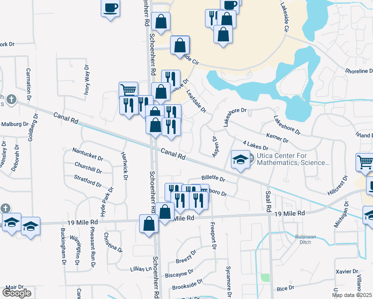 map of restaurants, bars, coffee shops, grocery stores, and more near 43237 Sunnypoint Drive in Sterling Heights