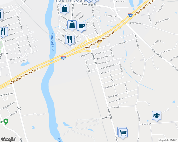 map of restaurants, bars, coffee shops, grocery stores, and more near 3 Rumford Street in Lowell