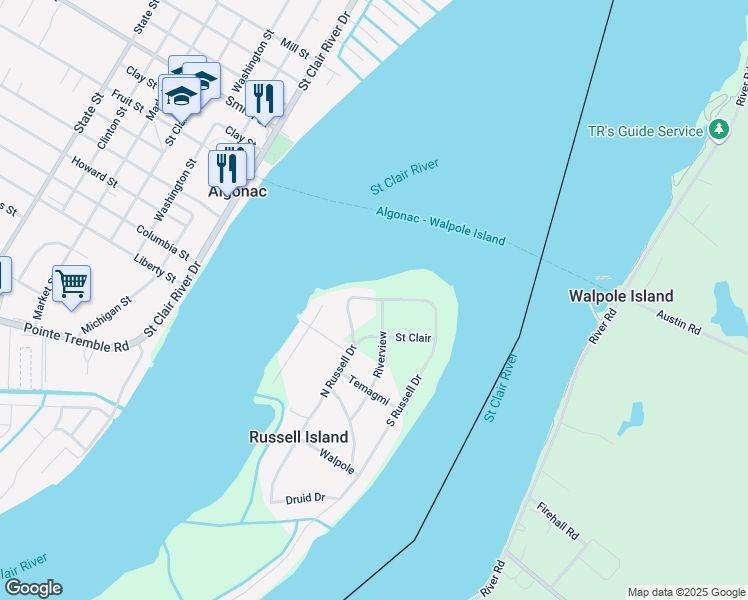 map of restaurants, bars, coffee shops, grocery stores, and more near 160 North Russell Drive in Clay Township