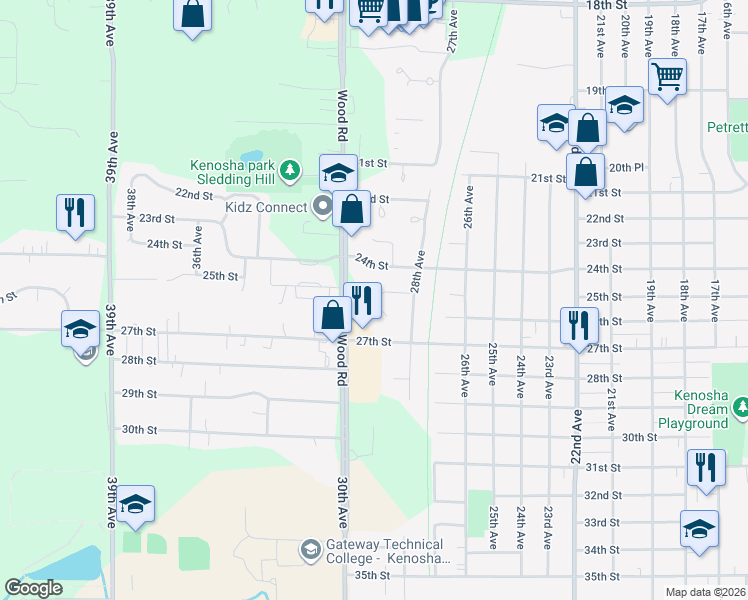 map of restaurants, bars, coffee shops, grocery stores, and more near 2510 29th Avenue in Kenosha