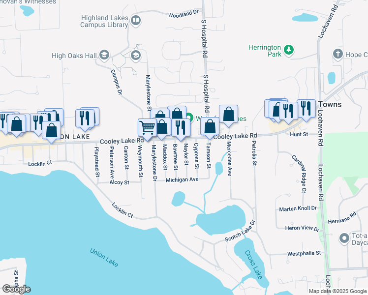 map of restaurants, bars, coffee shops, grocery stores, and more near 1530 Naylor Street in West Bloomfield Township