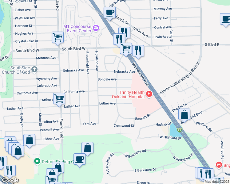map of restaurants, bars, coffee shops, grocery stores, and more near 158 Earlmoor Boulevard in Pontiac
