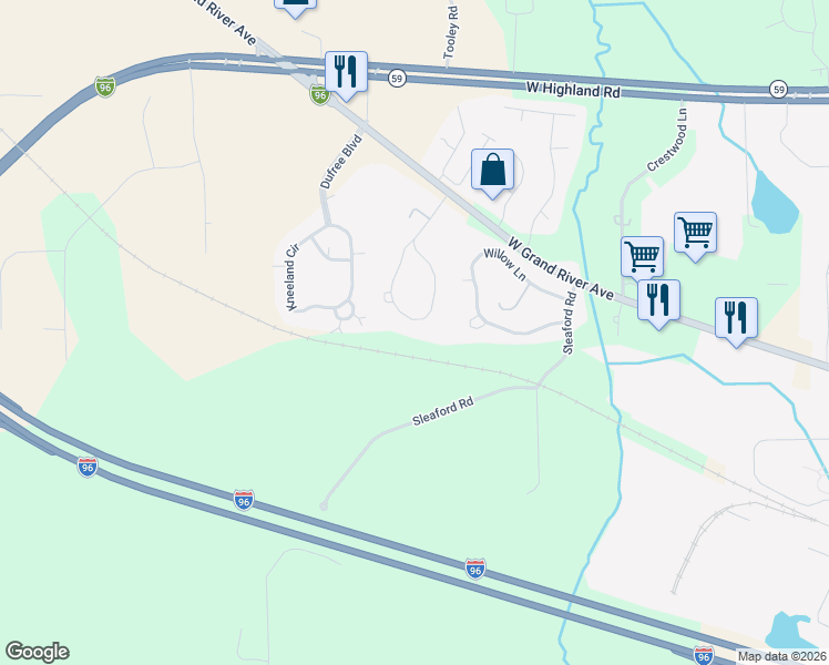 map of restaurants, bars, coffee shops, grocery stores, and more near 1170 Fox Hills Drive in Howell