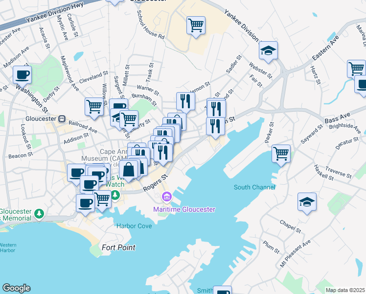 map of restaurants, bars, coffee shops, grocery stores, and more near 128 Rogers Street in Gloucester