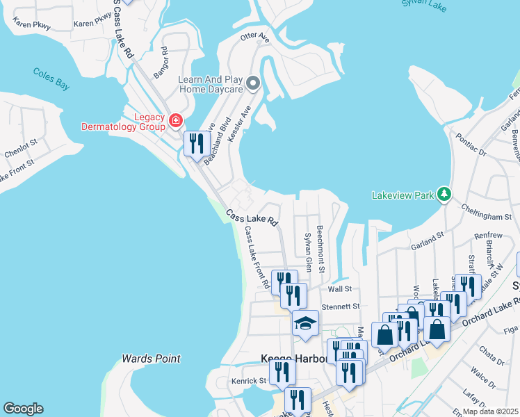 map of restaurants, bars, coffee shops, grocery stores, and more near 3064 Stapleton Drive in Keego Harbor