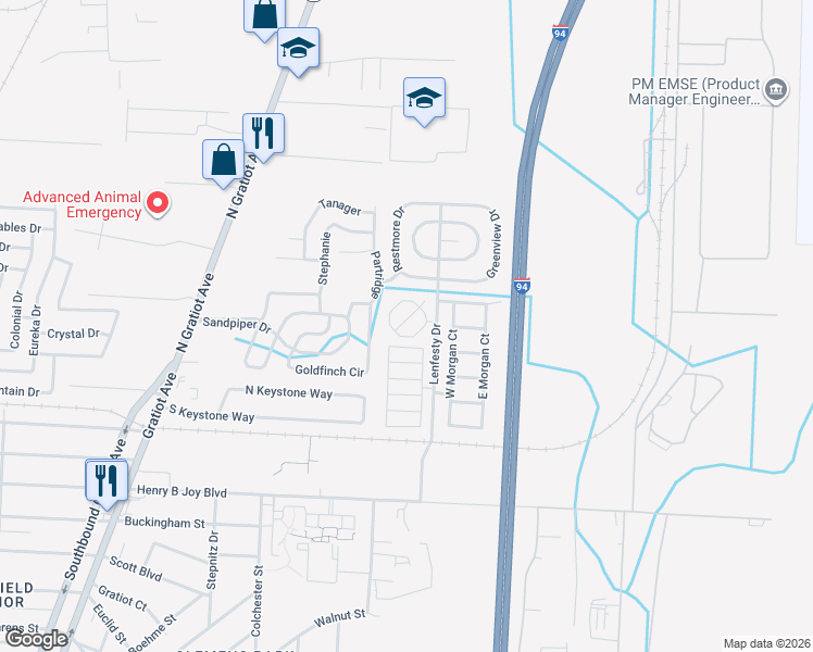 map of restaurants, bars, coffee shops, grocery stores, and more near 24336 Waycross Street in Harrison Township