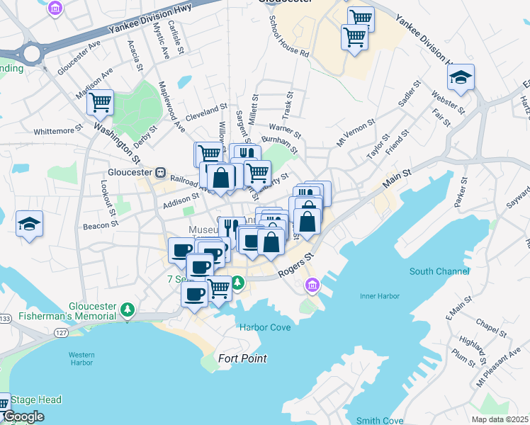 map of restaurants, bars, coffee shops, grocery stores, and more near 47 Pleasant Street in Gloucester