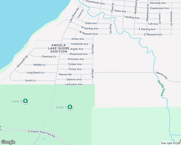 map of restaurants, bars, coffee shops, grocery stores, and more near 9877 Utica Street in Angola