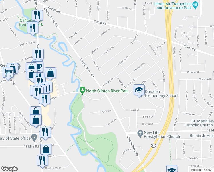 map of restaurants, bars, coffee shops, grocery stores, and more near 8640 Headley Drive in Sterling Heights