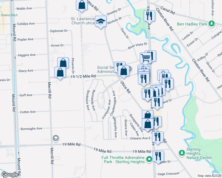 map of restaurants, bars, coffee shops, grocery stores, and more near 43755 Utica Road in Sterling Heights