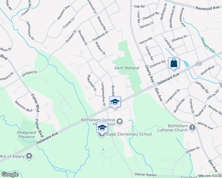 map of restaurants, bars, coffee shops, grocery stores, and more near 22 Brockley Drive in Delmar