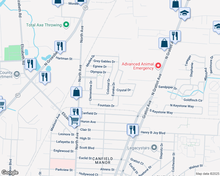 map of restaurants, bars, coffee shops, grocery stores, and more near 43546 Colonial Drive in Macomb County