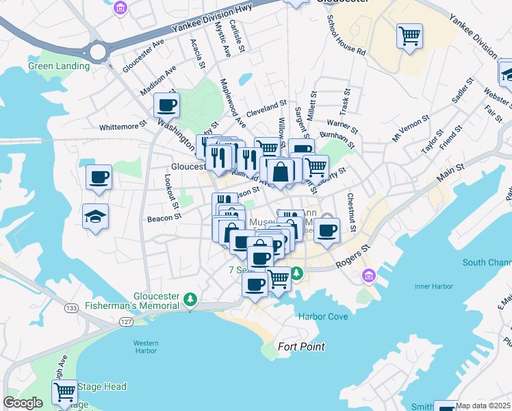 map of restaurants, bars, coffee shops, grocery stores, and more near 24 Prospect Street in Gloucester