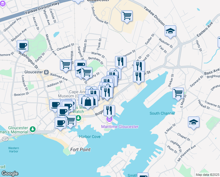 map of restaurants, bars, coffee shops, grocery stores, and more near 260 Main Street in Gloucester