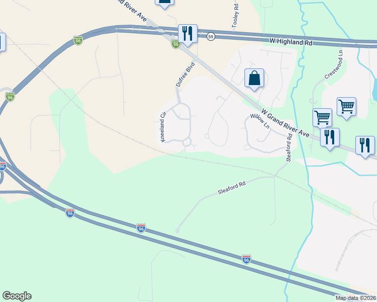 map of restaurants, bars, coffee shops, grocery stores, and more near 1064 Shiawassee Circle in Howell