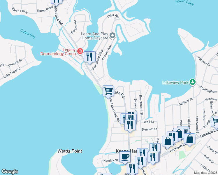 map of restaurants, bars, coffee shops, grocery stores, and more near 1671 Cass Lake Road in Keego Harbor