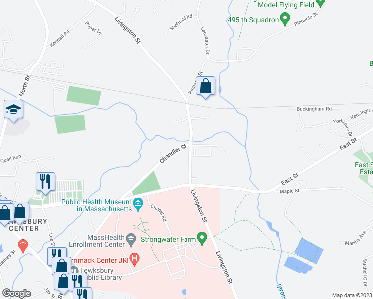 map of restaurants, bars, coffee shops, grocery stores, and more near 6 Chandler Street in Tewksbury