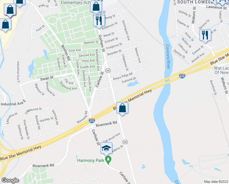 map of restaurants, bars, coffee shops, grocery stores, and more near 1500 Gorham Street in Lowell