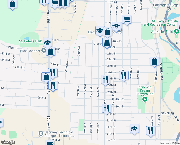 map of restaurants, bars, coffee shops, grocery stores, and more near 2426 24th Avenue in Kenosha