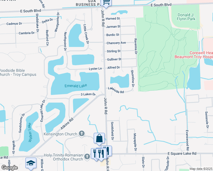 map of restaurants, bars, coffee shops, grocery stores, and more near 6460 John R Road in Troy