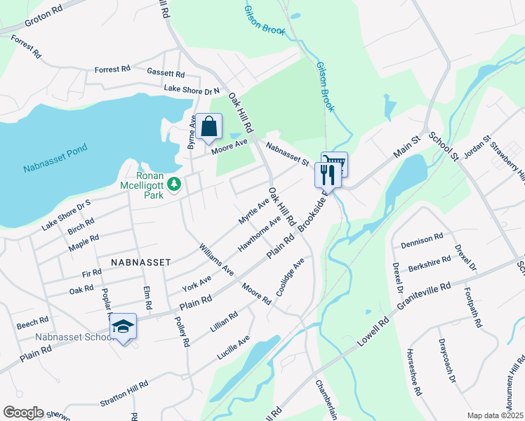 map of restaurants, bars, coffee shops, grocery stores, and more near 21 Myrtle Avenue in Westford