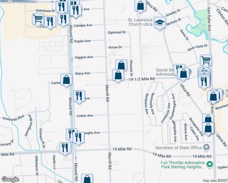 map of restaurants, bars, coffee shops, grocery stores, and more near 43726 Merrill Road in Sterling Heights