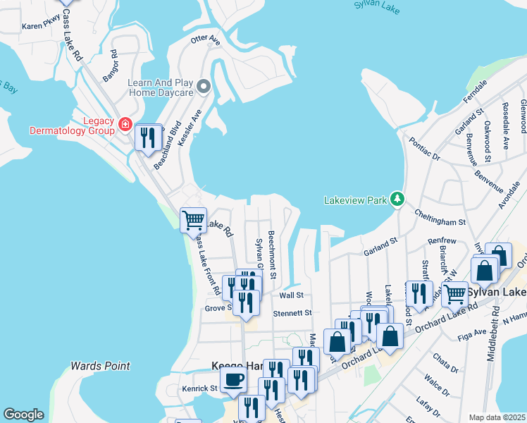 map of restaurants, bars, coffee shops, grocery stores, and more near 1645 Sylvan Glen in Keego Harbor