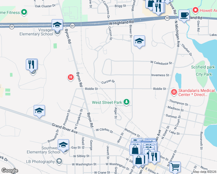map of restaurants, bars, coffee shops, grocery stores, and more near 624 Riddle Street in Howell