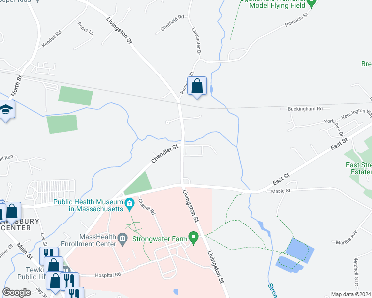 map of restaurants, bars, coffee shops, grocery stores, and more near 103 Donny Martel Way in Tewksbury