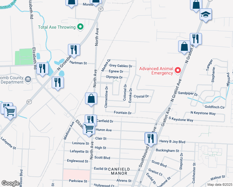 map of restaurants, bars, coffee shops, grocery stores, and more near 43453 Park Drive East in Clinton Township