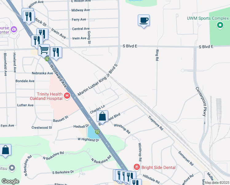 map of restaurants, bars, coffee shops, grocery stores, and more near 78 Charles Lane in Pontiac