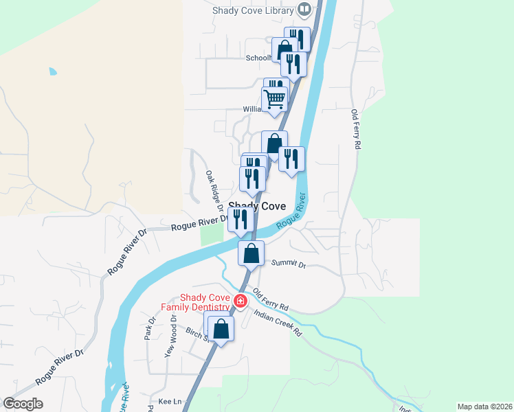 map of restaurants, bars, coffee shops, grocery stores, and more near in Shady Cove