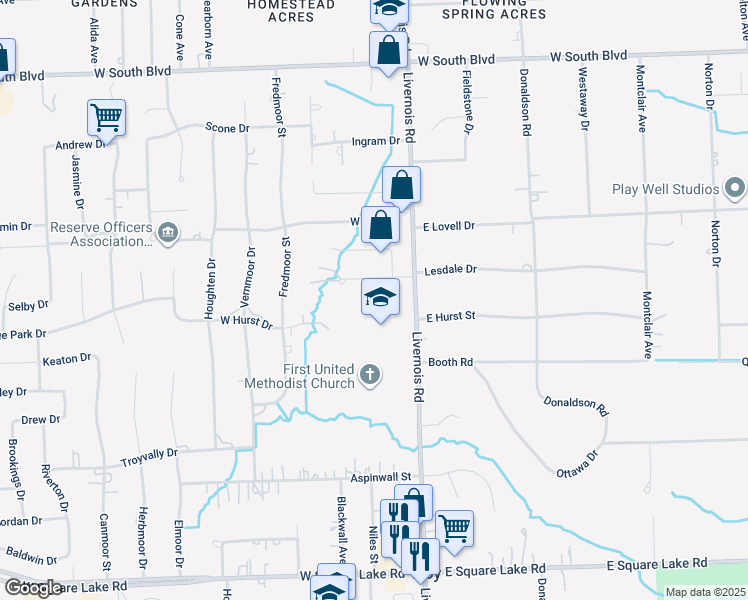 map of restaurants, bars, coffee shops, grocery stores, and more near 6525 Livernois Road in Troy