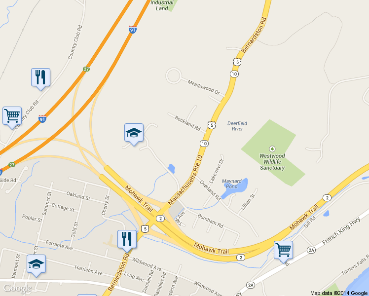map of restaurants, bars, coffee shops, grocery stores, and more near 602 Bernardston Rd in Greenfield