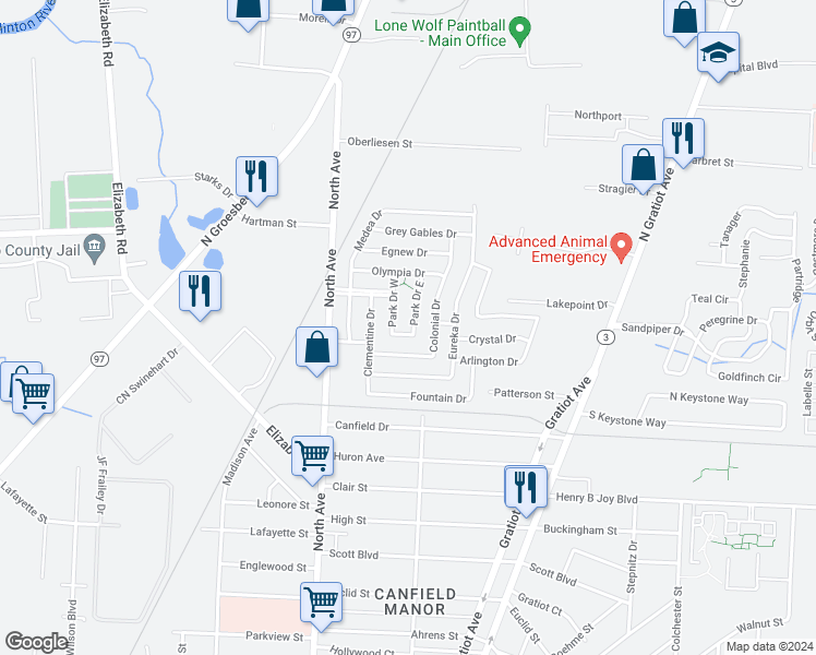 map of restaurants, bars, coffee shops, grocery stores, and more near 43435 Park Drive East in Charter Township of Clinton