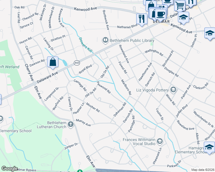 map of restaurants, bars, coffee shops, grocery stores, and more near 49 Paxwood Road in Delmar