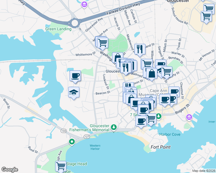 map of restaurants, bars, coffee shops, grocery stores, and more near 9 Lookout Street in Gloucester