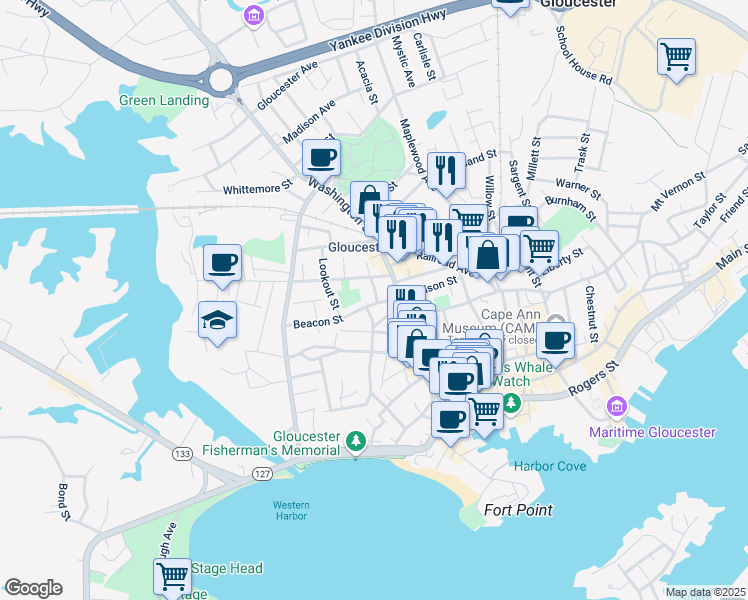 map of restaurants, bars, coffee shops, grocery stores, and more near 9 Beacon St in Gloucester