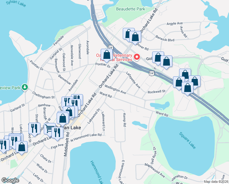 map of restaurants, bars, coffee shops, grocery stores, and more near 1322 Desiax Avenue in Bloomfield Township