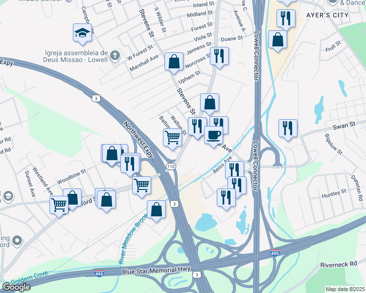 map of restaurants, bars, coffee shops, grocery stores, and more near 3 Baltimore Avenue in Lowell