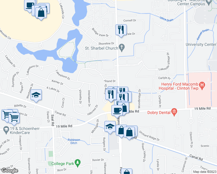 map of restaurants, bars, coffee shops, grocery stores, and more near 15145 Seagull Drive in Sterling Heights