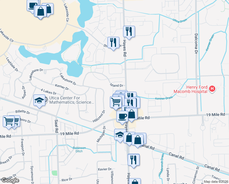 map of restaurants, bars, coffee shops, grocery stores, and more near 15130 Seagull Drive in Sterling Heights