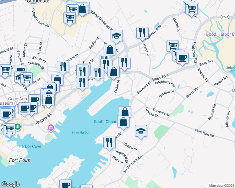 map of restaurants, bars, coffee shops, grocery stores, and more near 48 Parker St in Gloucester