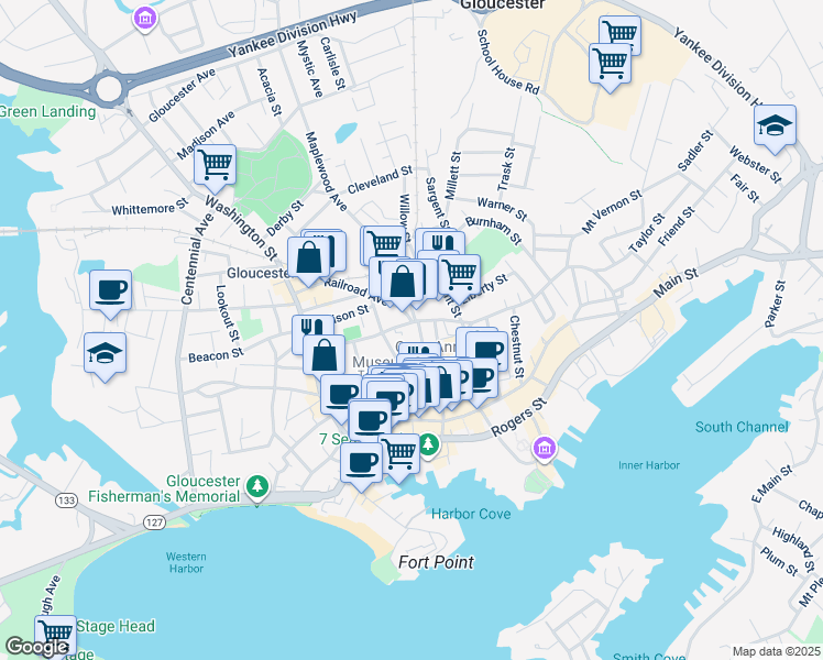 map of restaurants, bars, coffee shops, grocery stores, and more near 43 Prospect Street in Gloucester