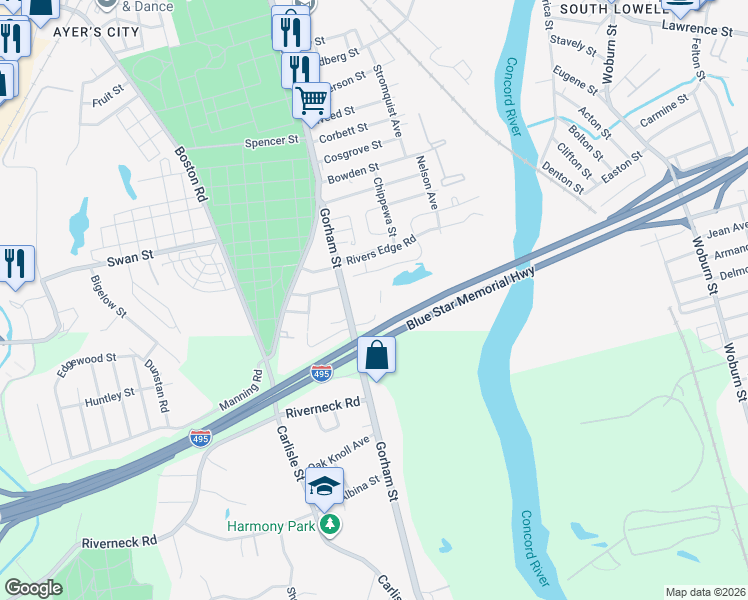 map of restaurants, bars, coffee shops, grocery stores, and more near 1500 Gorham Street in Lowell