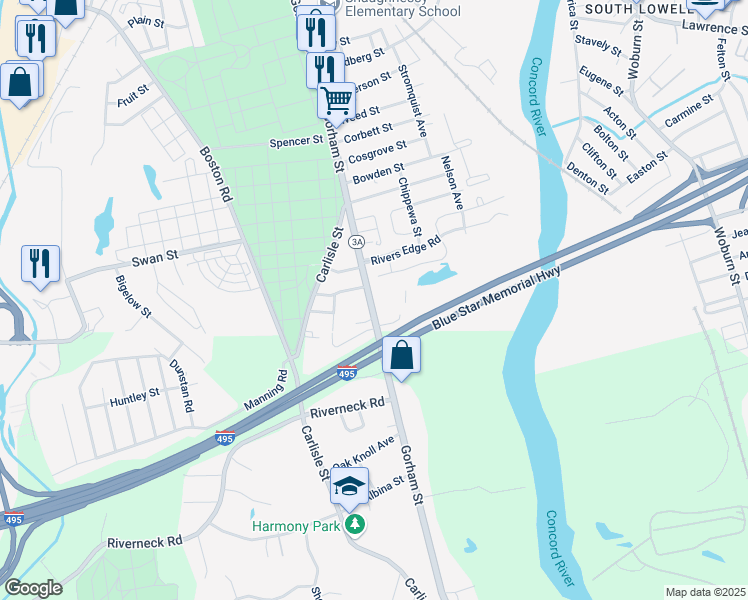 map of restaurants, bars, coffee shops, grocery stores, and more near 1501 Gorham Street in Lowell