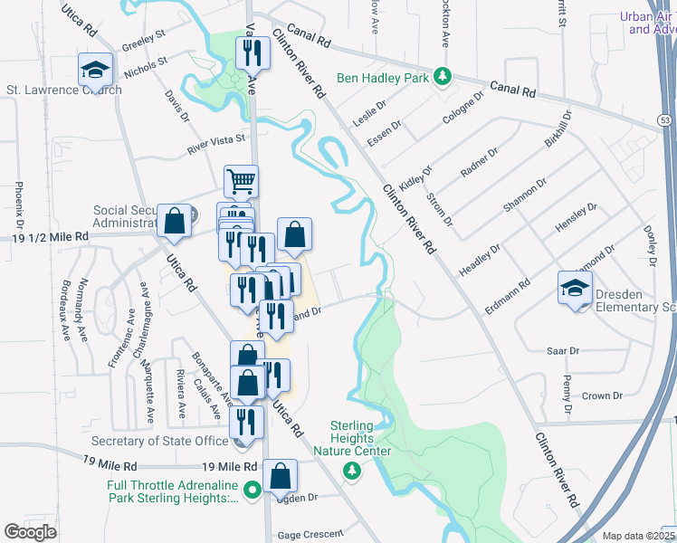 map of restaurants, bars, coffee shops, grocery stores, and more near 8395 Riverland Drive in Sterling Heights